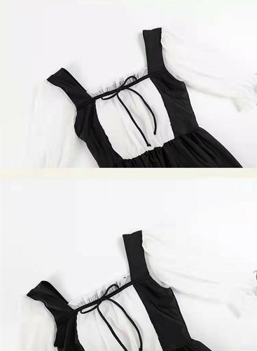 Women Puff Sleeves Lacing Swimdress Color Matching Swimsuit Slim Bathing Suit - Picture 11 of 14