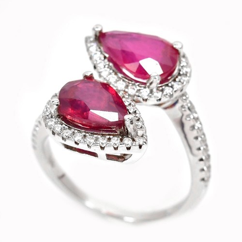 925 STERLING SILVER PIGEON BLOOD RED RUBY PEAR 10X7 MM. WHITE CZ RING SIZE 7 - Picture 5 of 10