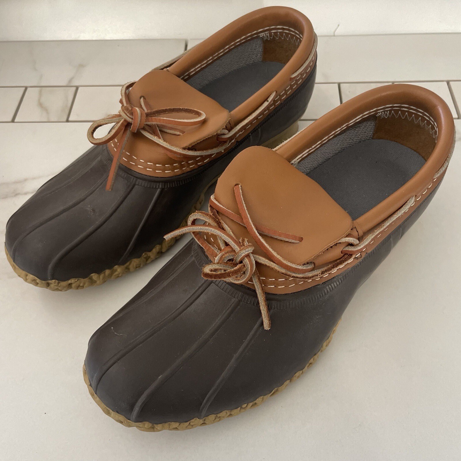 LL Bean Mocs Duck Boots Womens 8 Brown Leather Rubber Rain Waterproof Made USA