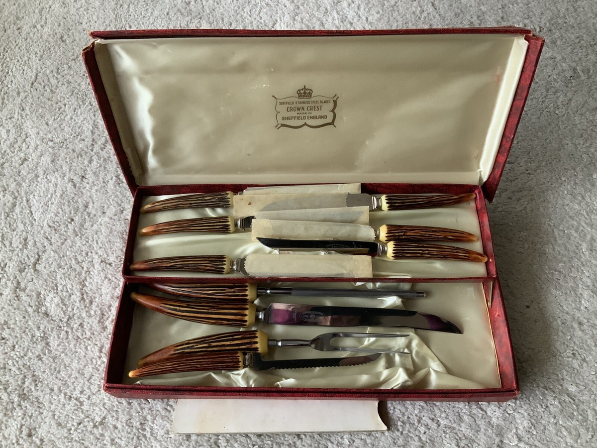 Vintage Crown Crest Sheffield Stainless 6 Steak Knives & 4 pc  display picture 1