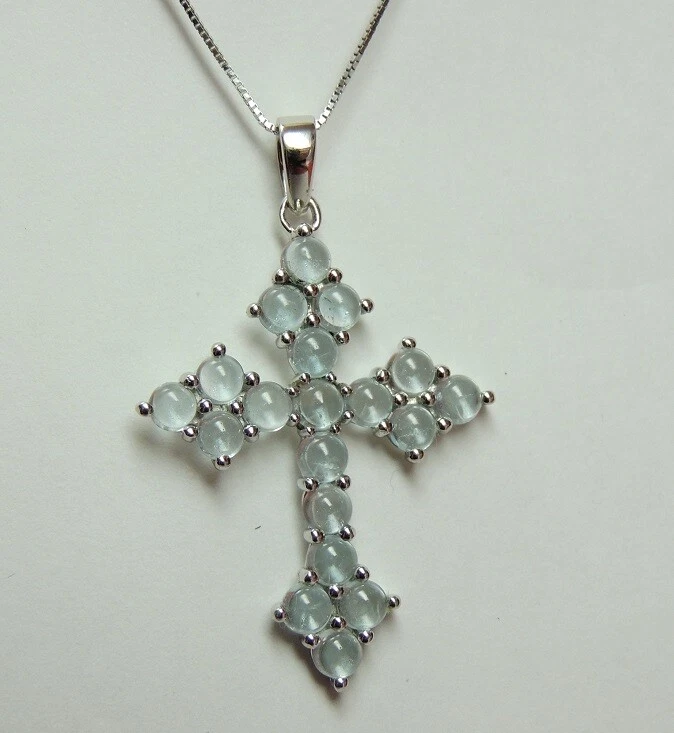 Esclusivo 6,95 Carati Topazio Blu Ciondolo Croce 925 Collana IN Argento Cabochon - Immagine 3 di 4