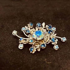 Silver Tone, Blue AB Rhinestones & Other Blue Rhinestones Floral Brooch (3811)