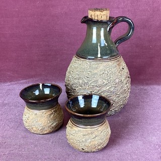 Blue Forest Pottery Cruet Set Jug Two Cups Cork Stopper MO#8665