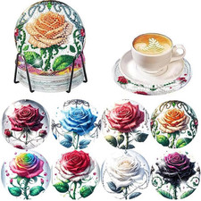 Diamond Art Coasters Kit for Adults, 8 Pcs Rose Diamond Painting Coasters Kit...