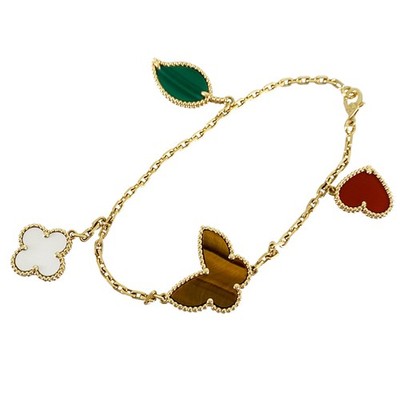 Van Cleef & Arpels Lucky Alhambra Yellow gold Carnelian Tiger Eye Shell Mala...