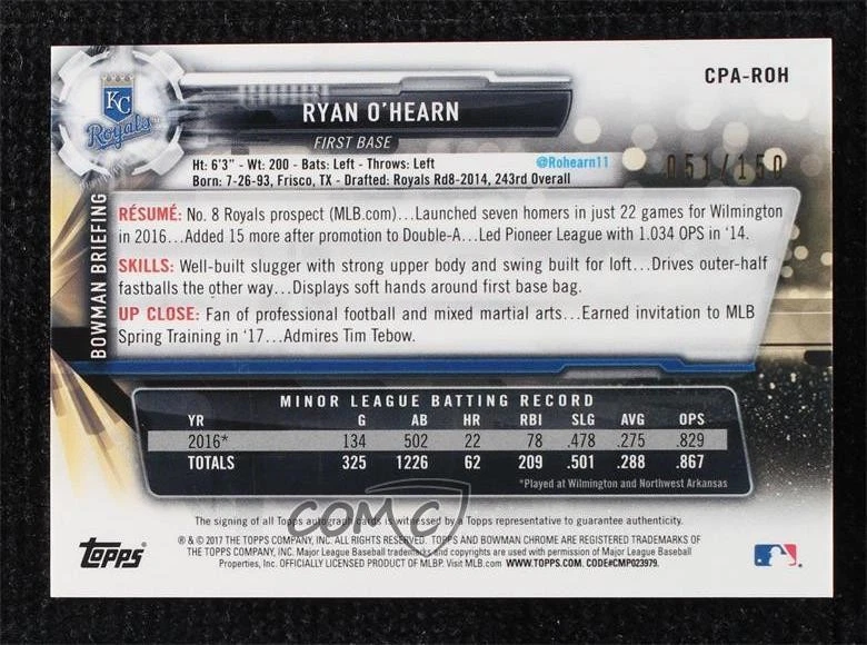 2017 Bowman Chrome Prospect Auto Blue Refractor /150 Ryan O'Hearn #CPA-ROH Auto - Image 2 of 2
