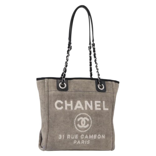 CHANEL Deauville line Chain Tote Bag Canvas Gray Silver CC Auth bs31505