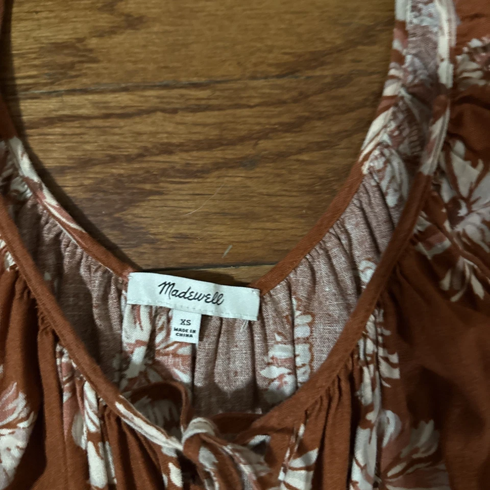 Vestido midi Madewell Sophia floral mezcla de lino talla XS, mangas abullonadas, NUEVO NUEVO SIN ETIQUETAS Foto 2 de 3