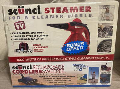 SCUNCI STEAMER 1000 WATTS W BONUS RECHARGEABLE CORDLESS SWEEPER 2005 NEW SEALED