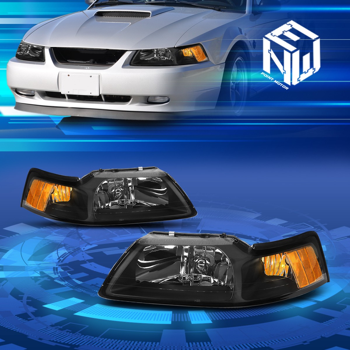 1999-2004 Ford Mustang Chrome Housing Amber Corner Headlight/Lamp W/Le