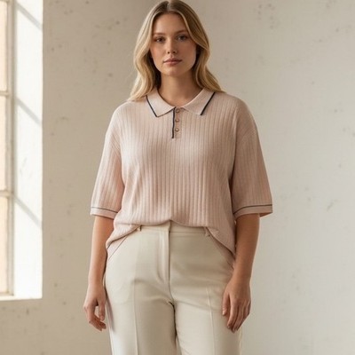 The Commons 3XL Ribbed Contrast Stitch Sweater Polo Cream Light Pink Cotton NEW