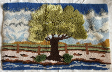 Vintage Latch Hook Rug Wall Hanging Tree w/ Fence Landscape Fiber Art 24x 38