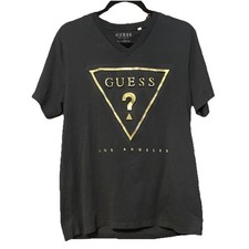 GUESS T Shirt Men Black Med. VNeck Triangle Logo Los Angeles Graphic Tee Casual