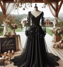 Gothic Black Wedding Dresses 3D Floral Appliques V-Neck Vintage Bridal Gowns