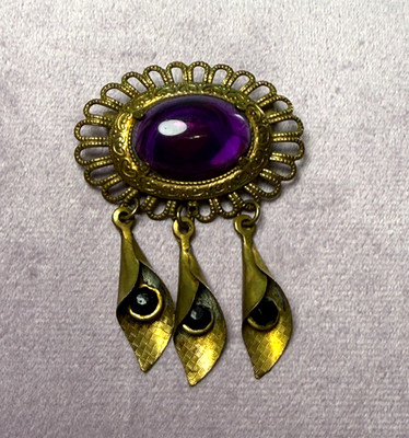 Vintage Victorian Revival Calla Lily Dangle Brooch Oval Purple Cabochon Filigree