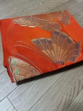 Nagoya Obi Butterfly Embroidery Orange Silk Kimono Sash 13.8in Wide Used