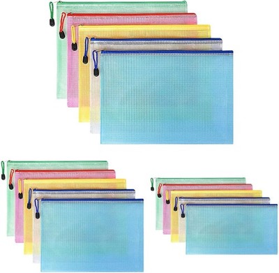 Sliva Dokumententasche A4+A5+A6, 15 Stücke (Je 5) Zip Tasche, Mesh Kunststoff 