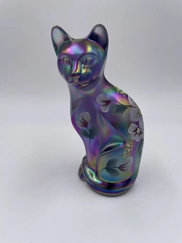 Fenton Art Glass Cat Figurine Iridescent Carnival Glass Amethyst, Artist Signed