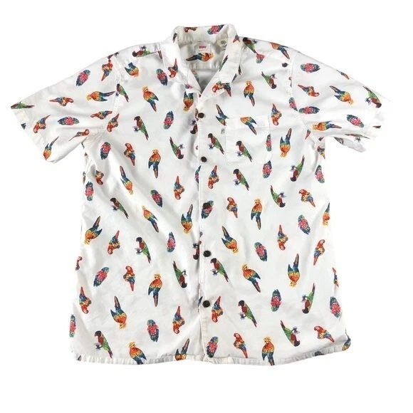 Levis Mens Large Short Sleeve Cubano Parrot Shirt White Button Down Tropical