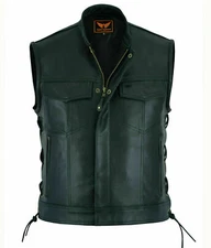 LuxHide Mens Motorcycle Biker Black Leather Vest Anarchy Club Concealed Carry