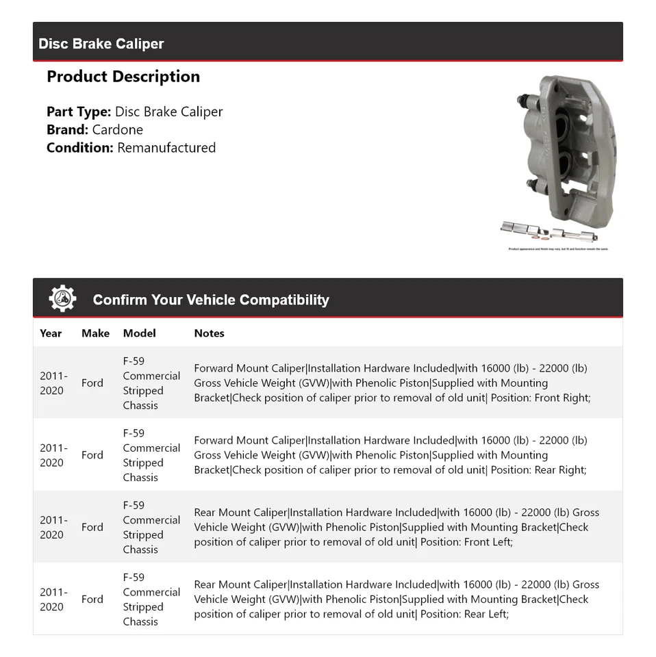 Pinza de freno de disco de chasis despojado comercial Cardone para Ford F-59 2011-2020 Foto 2 de 4