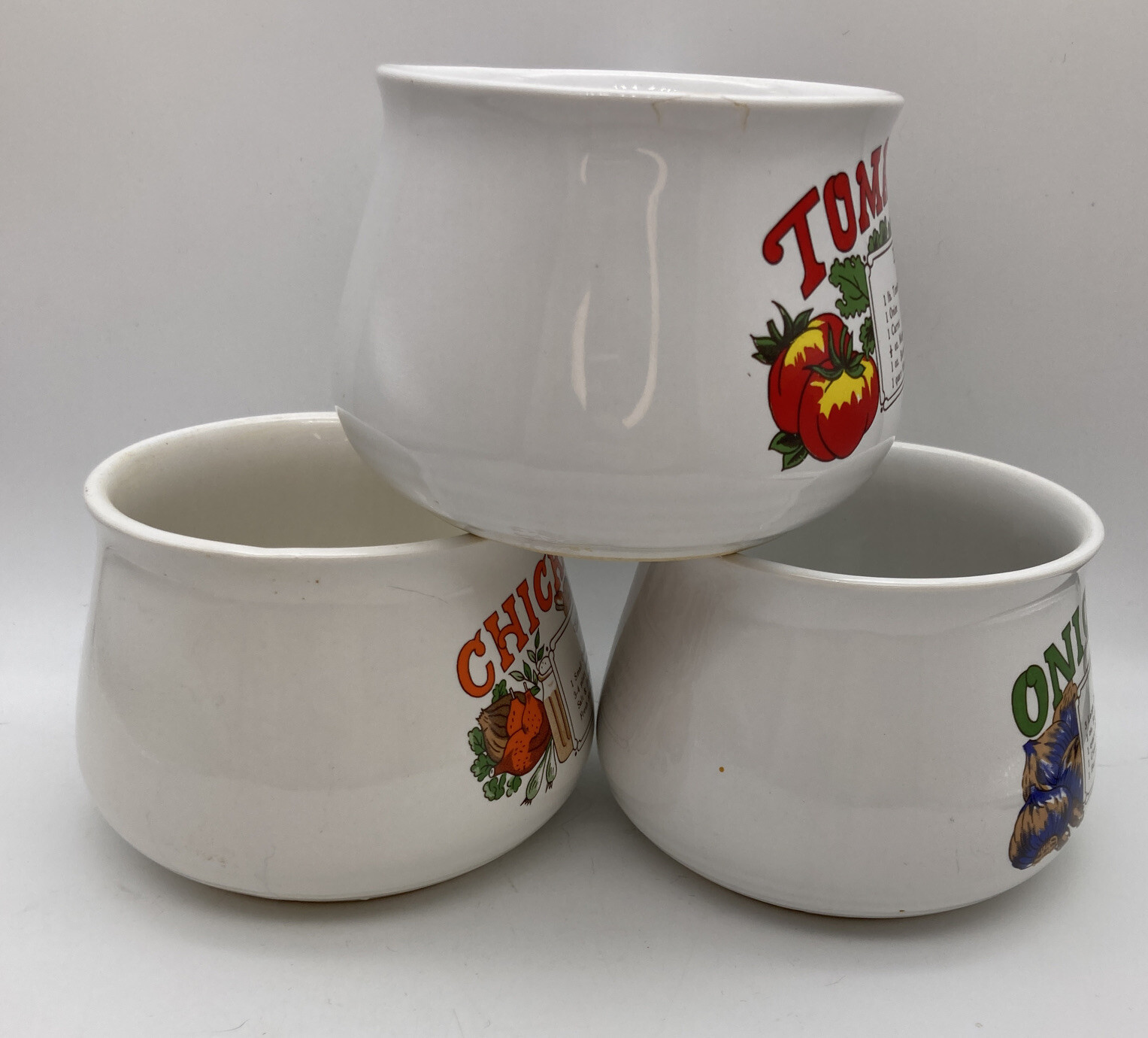3 Vintage Soup Recipe Ceramic Mugs Chicken, Onion, Tomato , Lot of 3