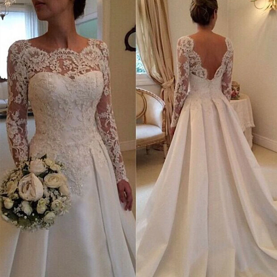 Satin Wedding Dresses Lace Long Sleeve Backless Beadec Sweep Train ​Bridal Gowns - Image 3 of 4