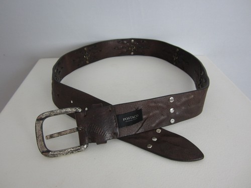 Post & Co Womens M Brown Leather Belt Buckle Italy Studded Fleur de Lis 30 - 34 - Picture 4 of 15