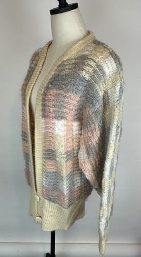 Vintage 80s Nubby Tweed Cardigan Sweater M Pastel Plaid Fuzzy Boucle Grandma - Picture 8 of 15