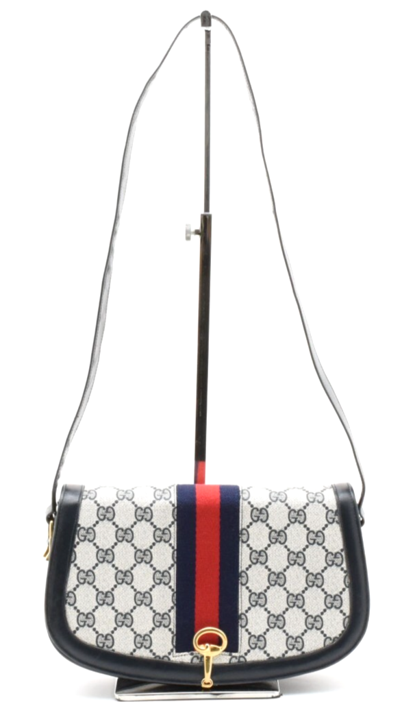 Vintage GUCCI GG Sherry Shoulder Bag Navy PVC Leather AA Rank Authentic