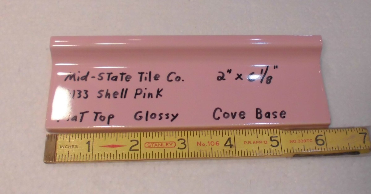 1 pc. Shell Pink 2” X 6-1/8” Glossy Ceramic Cove Base Tile, Flat 