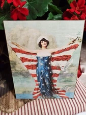 GORGEOUS VINTAGE ANTIQUE PRIMITIVE COLONIAL STYLE JULY 4 MISS LIBERTY FLAG SIGN
