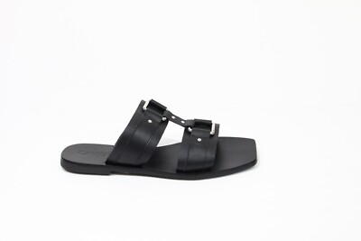 Caverley Women Black Leather Slides NEW Eu 38 Flat Sandals Slip on Shoe Cass
