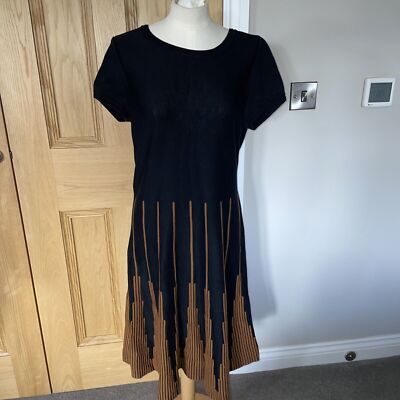 Damen Peruvian Connection Schwarz Gold Ärmel Feinstrick Pima Baumwolle Midikleid M