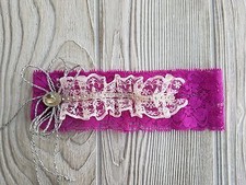 Handmade Fuchsia-Plum/Ivory Lace Prom/Wedding Garter with silver Rhinestones