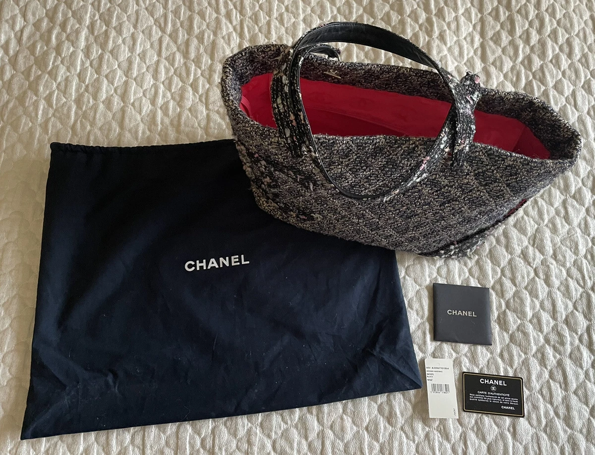 Authentic Chanel Tweed Tote Bag Cambon Line Black Pink Color