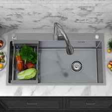 Silver Stainless Steel Kitchen Sink Drop In Single Bowl with Faucet Top Mount
