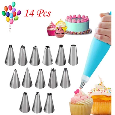 CAKE PIPING ICING CUPCAKE DECORATING COTTON BAG NOZZLE SET SUGARCRAFT CUP 14Pcs