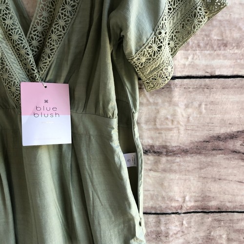Blue Blush Jumpsuit L Womens Green Crochet Eyelet Sleeve Wide Leg Boho Hippie - Picture 8 of 15