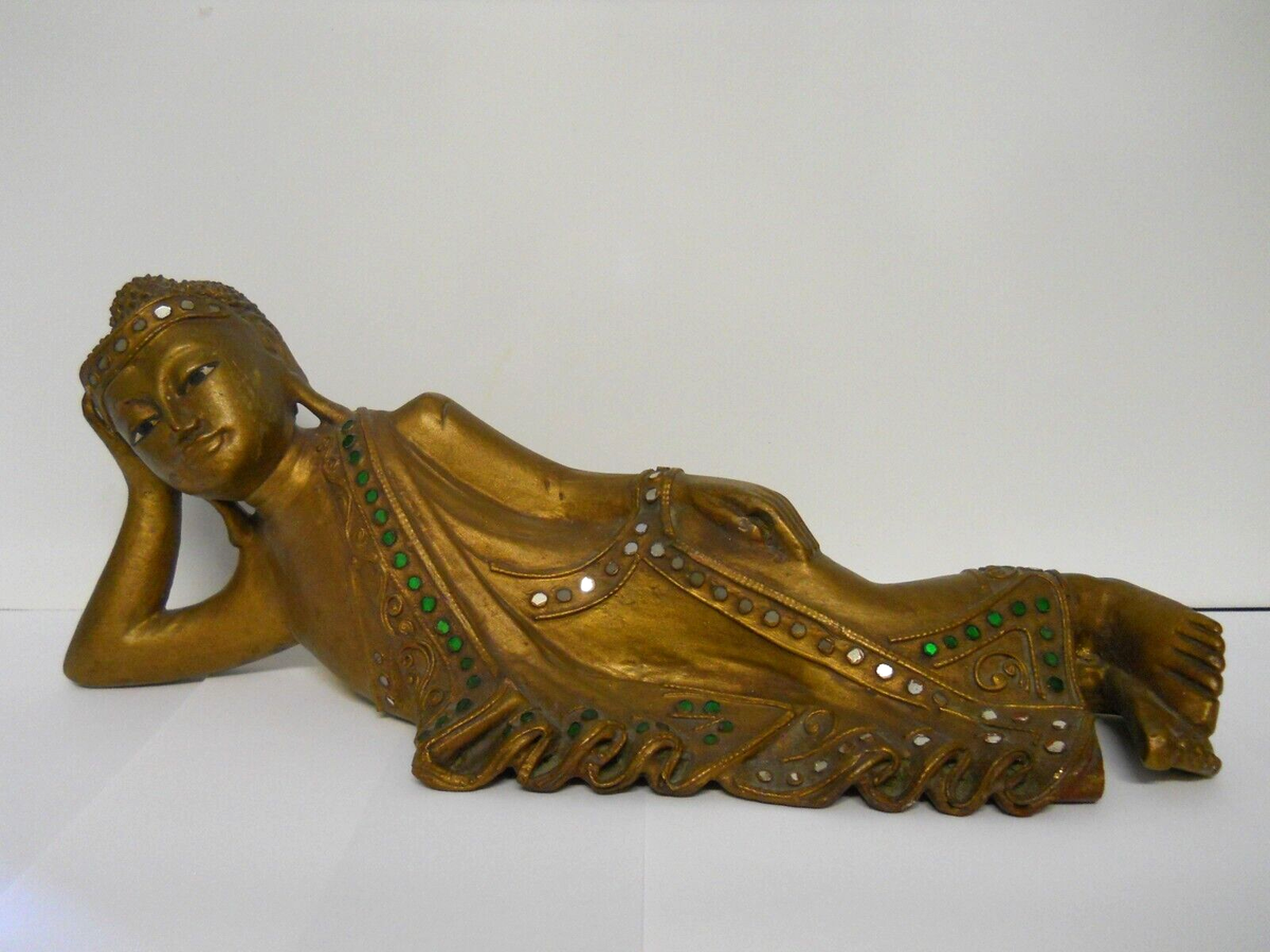 Reclining Buddha Figure Gold Gilt Hand-Carved Wood Thailand Reclining Buddha Figure Gold Gilt Hand-Carved Wood Thailand