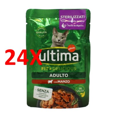 24 X Ultima Cat Wet Sterilised Beef In Sauce Bag 85 Gramm
