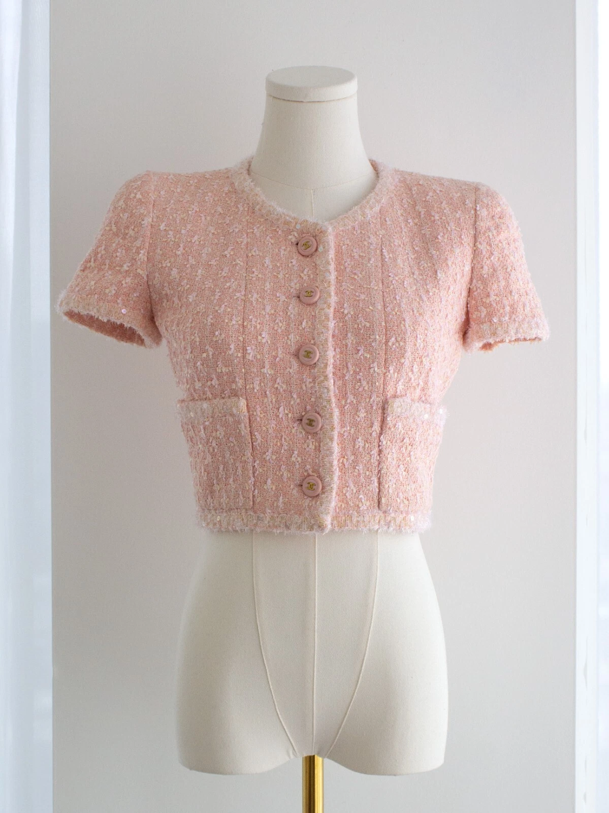 Chanel Vintage S S 1995 Barbie Rosa Pastello Tweed 95P Giacca Ritagliata