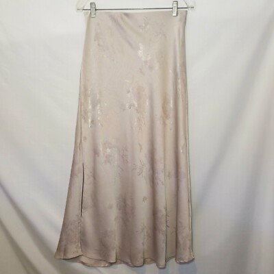 Light Gray Beige Metallic Floral Butterfly Print Silky Satin Long Skirt Elegant