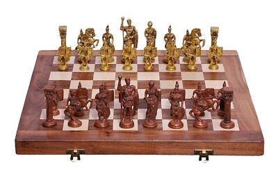 Wooden Folding Chess Game Board Set 16''x16''  W Brass Roman Figure Pcs for Gift