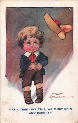 Comic Old PC-Little Boy Dreading Spanking with Shoe-Fred Spurgin-Grin & Bare It