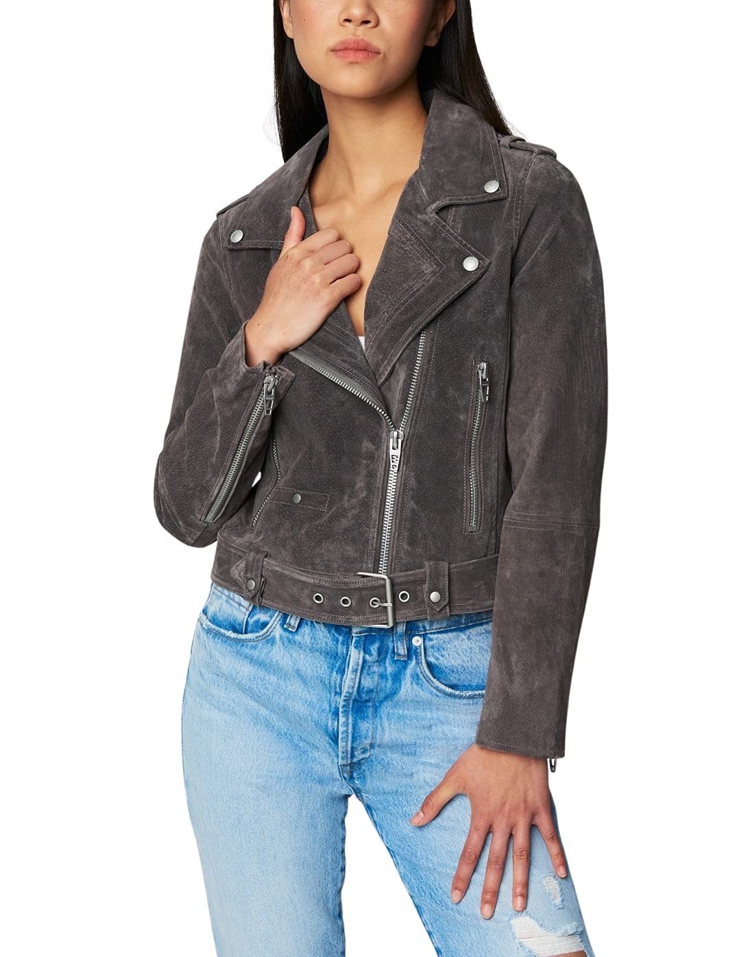 BLANKNYC Womens Cropped Suede Leather Biker Jacket with Luxury Details