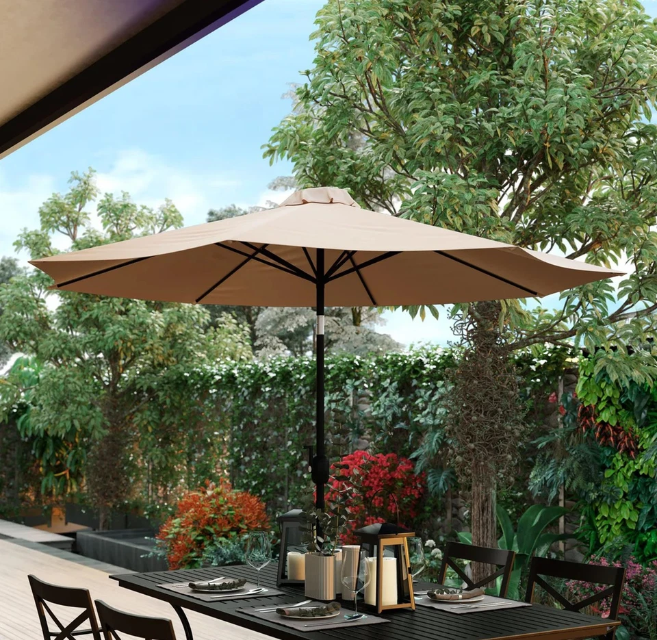 9 FT Outdoor Patio Round Umbrella Aluminum Pole Crank and Tilt Function Tan - Image 2 of 4