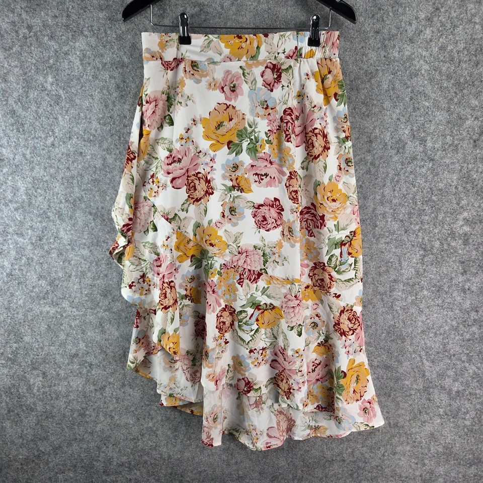 Valleygirl Skirt Womens 12 White Floral Asymmetrical Stretch Waist 17652