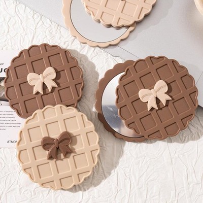Waffle Shape Makeup Mirror Double Side Mini Portable Round Handheld Slide Mir^^p