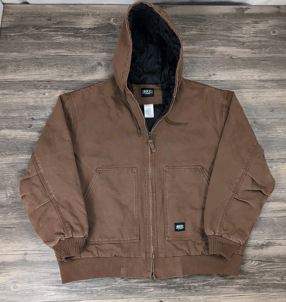 KEY Barn Jacket Coat Mens XLR Brown Duck Canvas Hooded Work Chore Insulated - Image 2 of 4